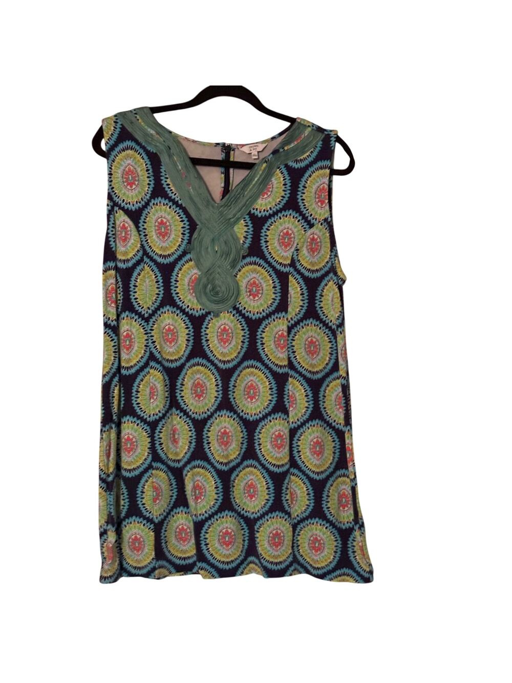 Crown & Ivy XL Sleeveless Tunic Top Blue Green Medallion Print Boho Blouse